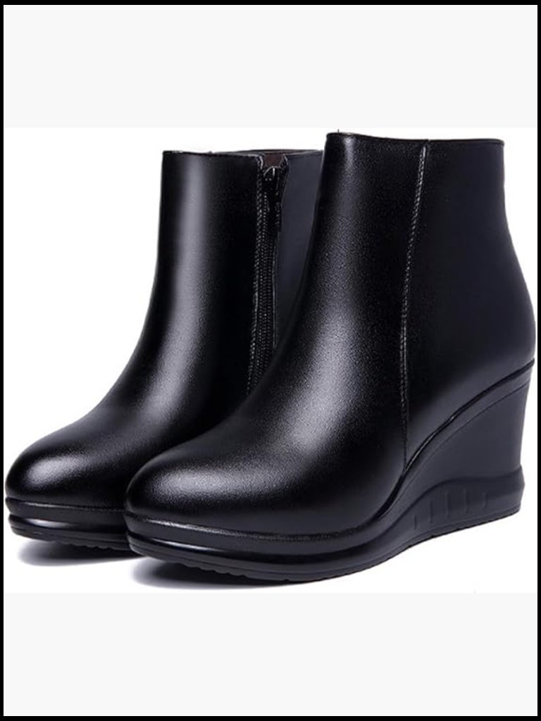Leather Platform Wedge Ankle Boots With Side Zipper Faux Fur Lined Fall Winter
